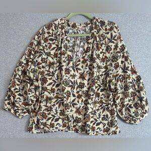 Faherty Portia Blouse Womens XL Linen Floral Indee Top Boho Hippie Relaxed EUC